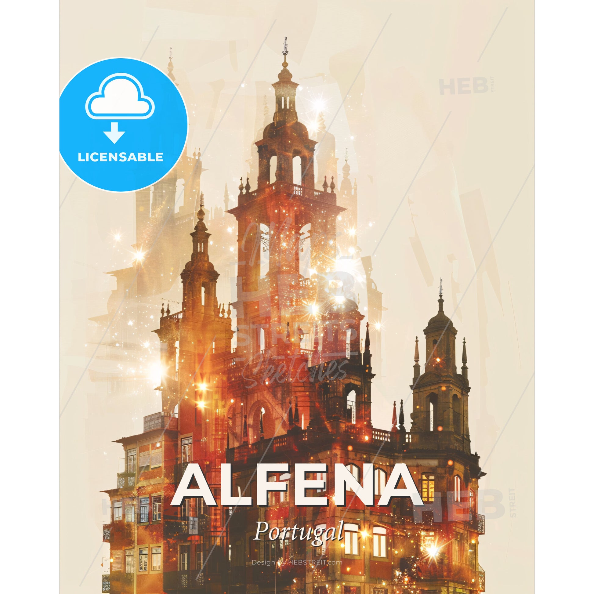 Alfena Skyline Double Exposure Poster Art - A building with many towers and a light in the background - Square format print template