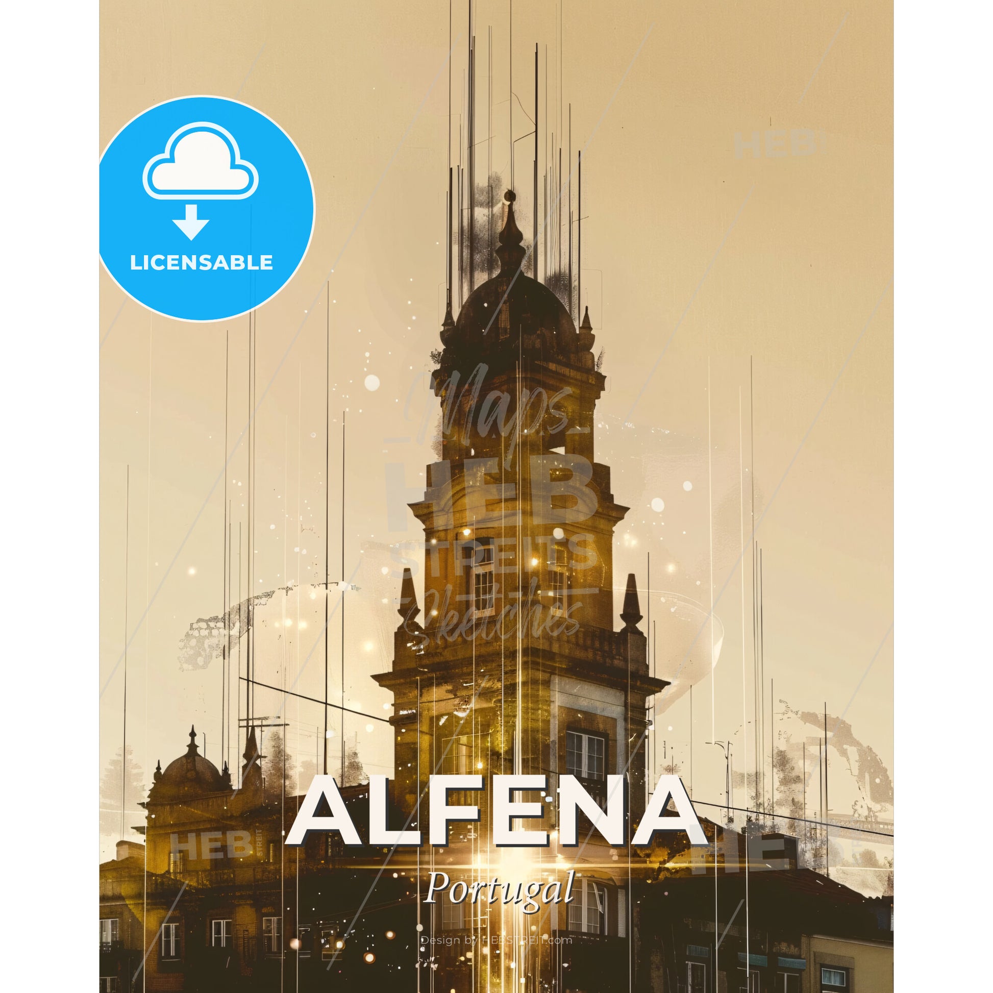 Alfena City Skyline Double Exposure Poster Art - A building with a tower - Square format print template