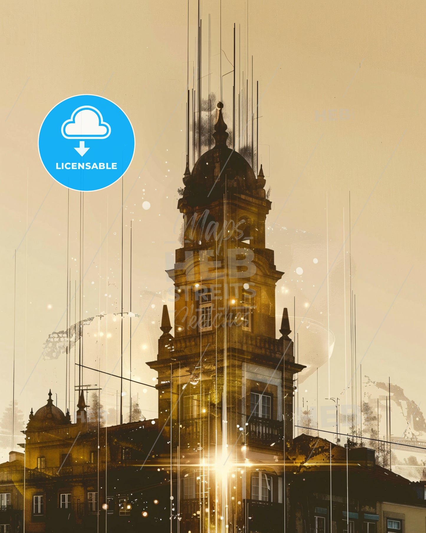 Alfena City Skyline Double Exposure Poster Art - A building with a tower