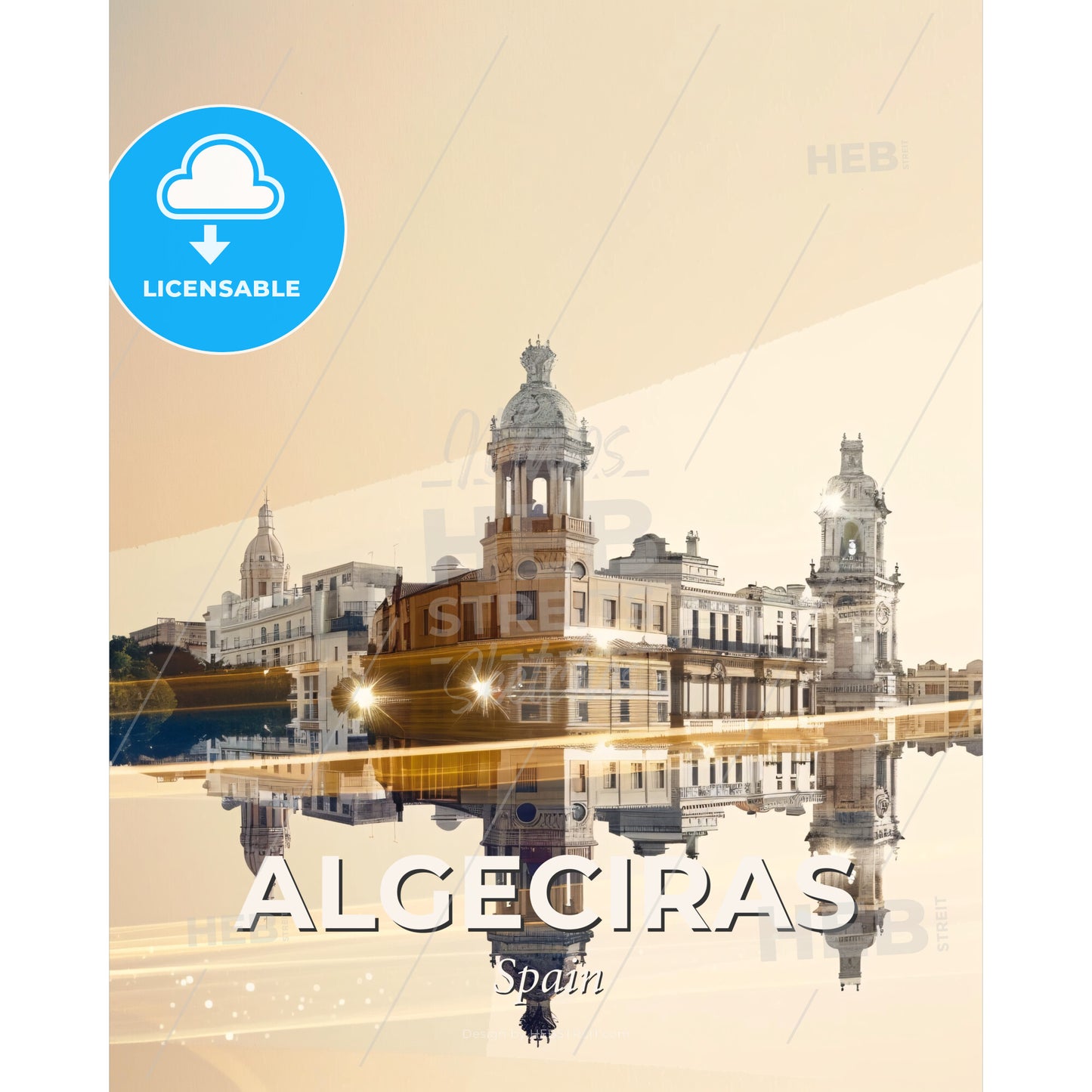 Algeciras, City Skyline Double Exposure Poster Art - A reflection of a building in water - Square format print template