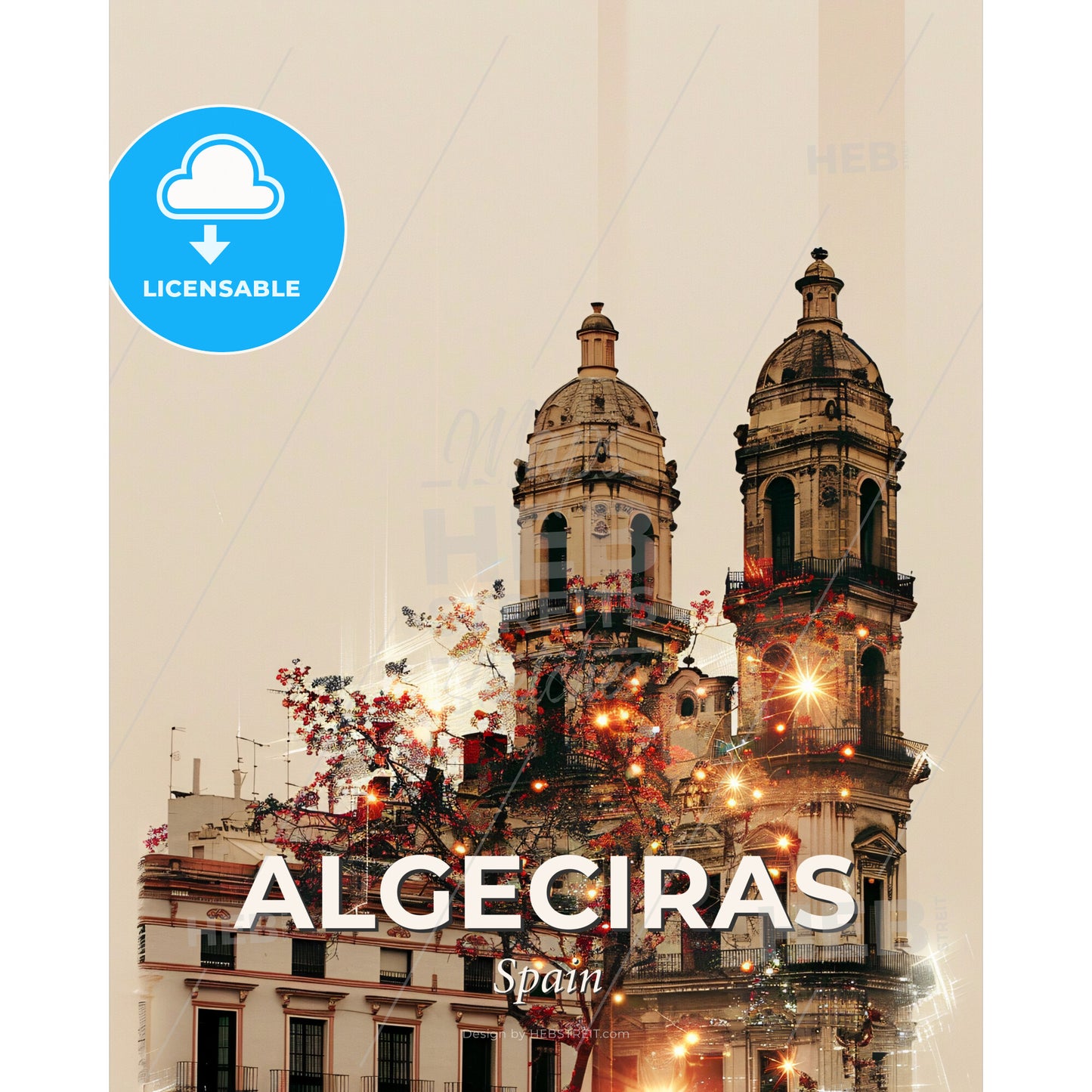 Algeciras Skyline Double Exposure Art - A building with a tree and lights - Square format print template