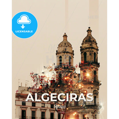 Algeciras Skyline Double Exposure Art - A building with a tree and lights - Square format print template