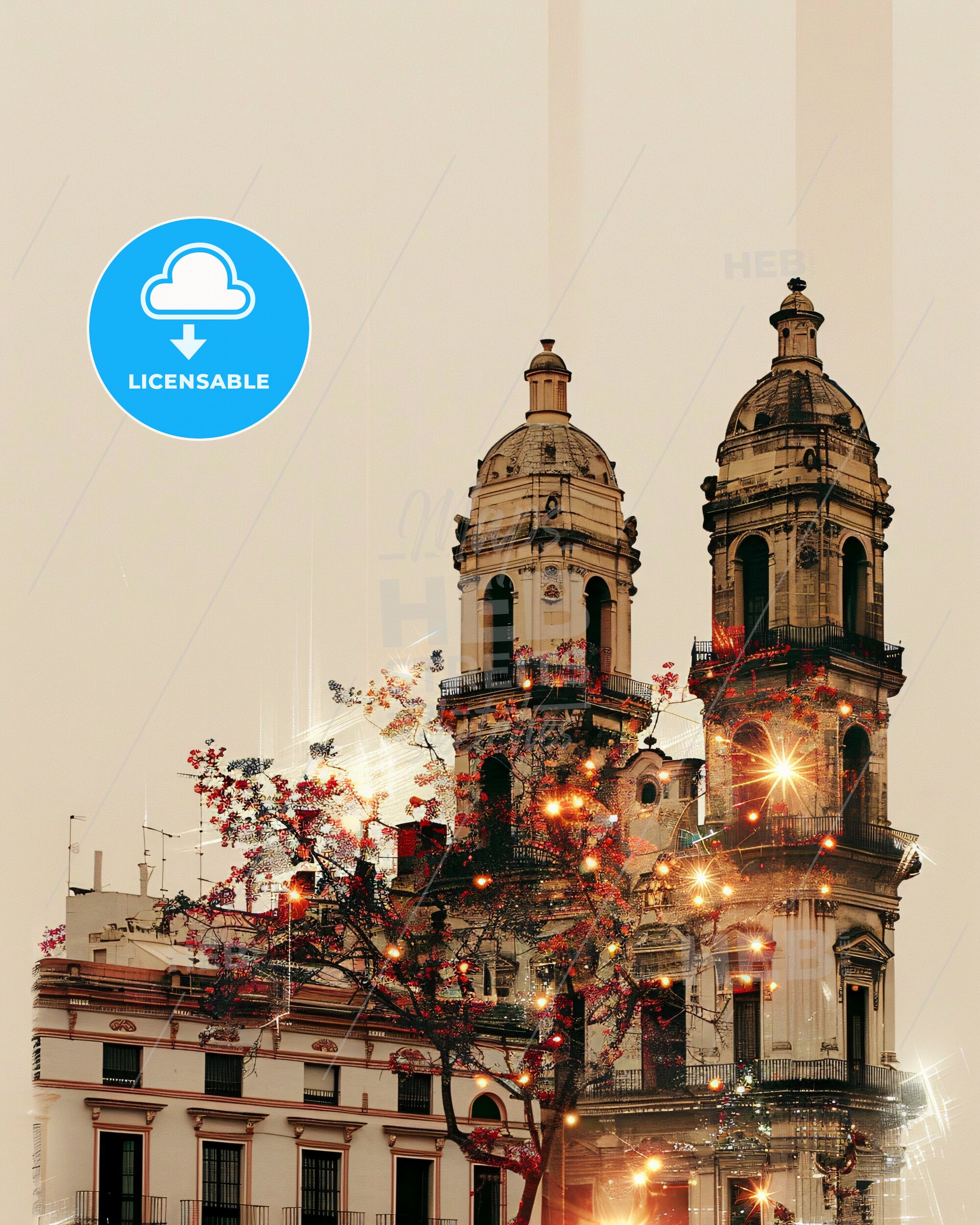 Algeciras Skyline Double Exposure Art - A building with a tree and lights