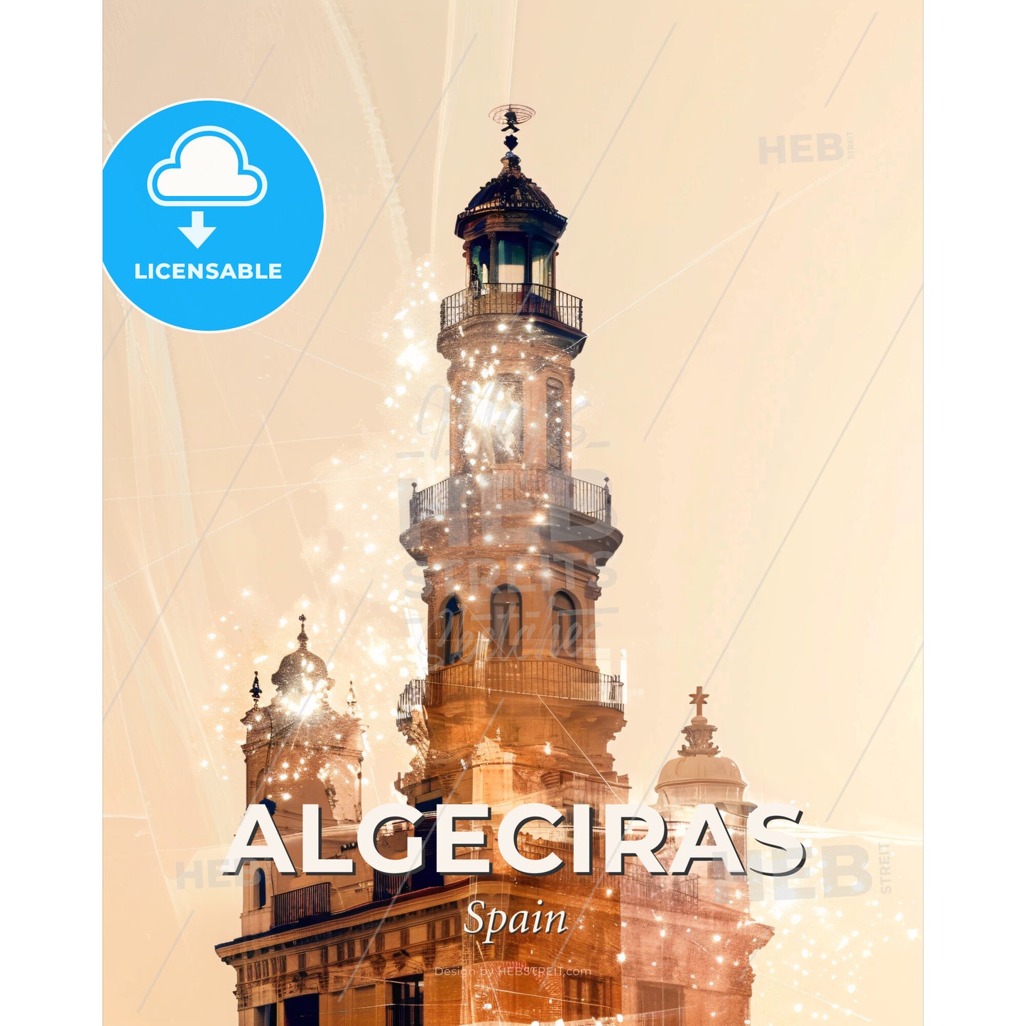 Algeciras Skyline Composite Art Poster - A building with a tower - Square format print template