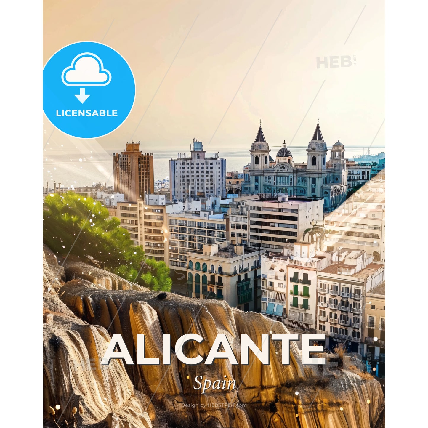 Alicante Skyline Double Exposure Cityscape Art - A city with a cliff and a body of water - Square format print template