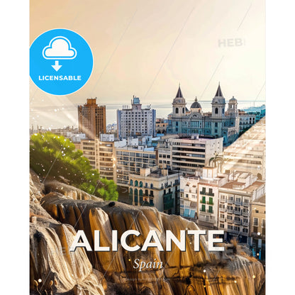 Alicante Skyline Double Exposure Cityscape Art - A city with a cliff and a body of water - Square format print template
