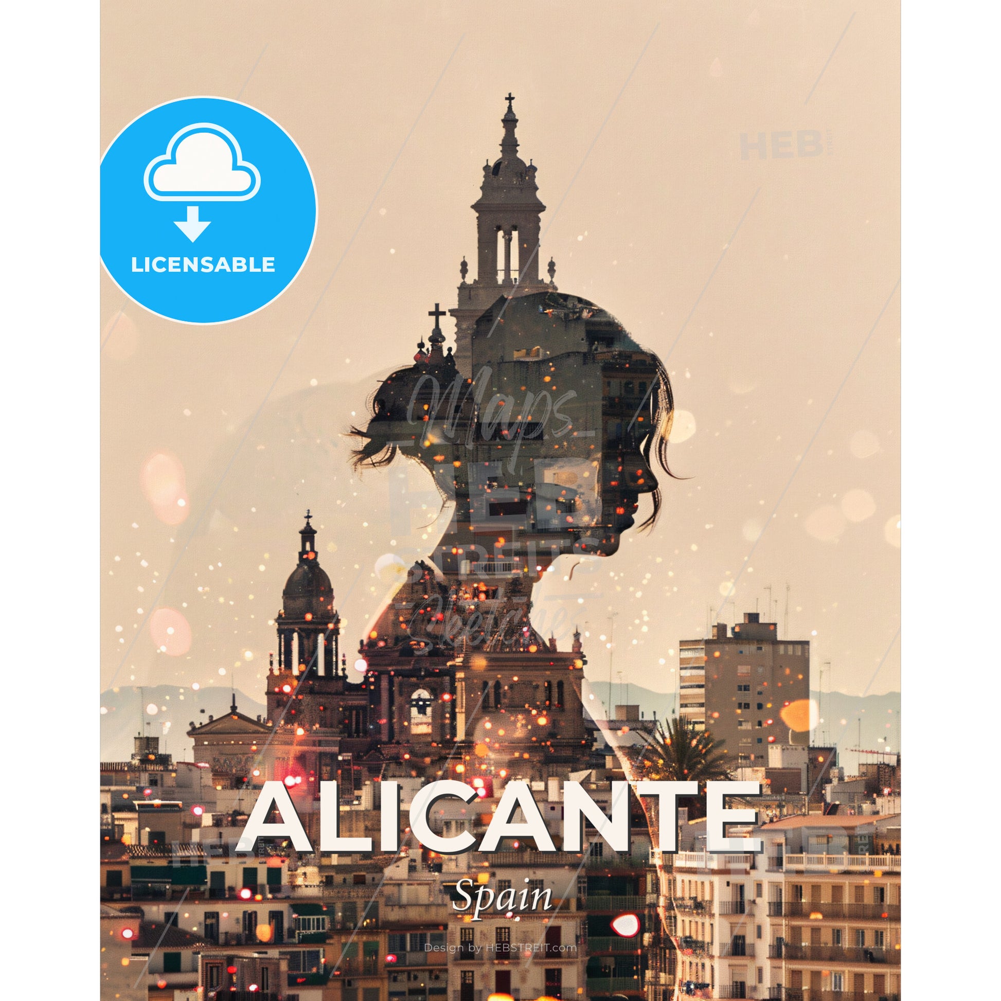 Alicante: Skyline Double Exposure Art Poster - A double exposure of a woman's head and a city - Square format print template