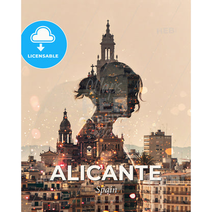 Alicante: Skyline Double Exposure Art Poster - A double exposure of a woman's head and a city - Square format print template