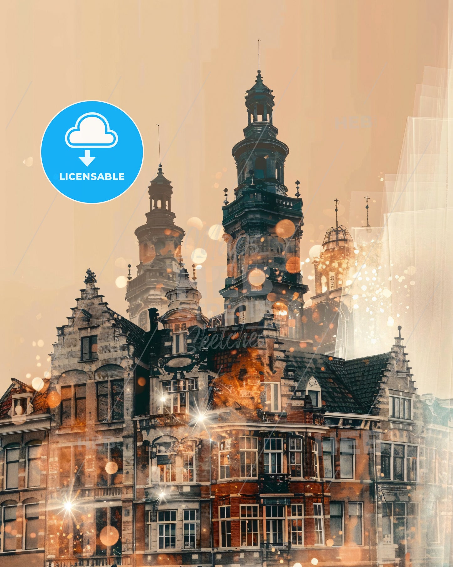 Alkmaar Skyline Double Exposure Art Poster - A building with towers and a city skyline
