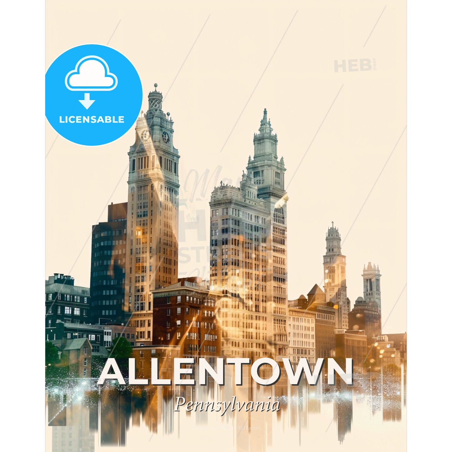 Allentown City Skyline Double Exposure Poster Art - Rosenborg Castle skyline with tall buildings - Square format print template