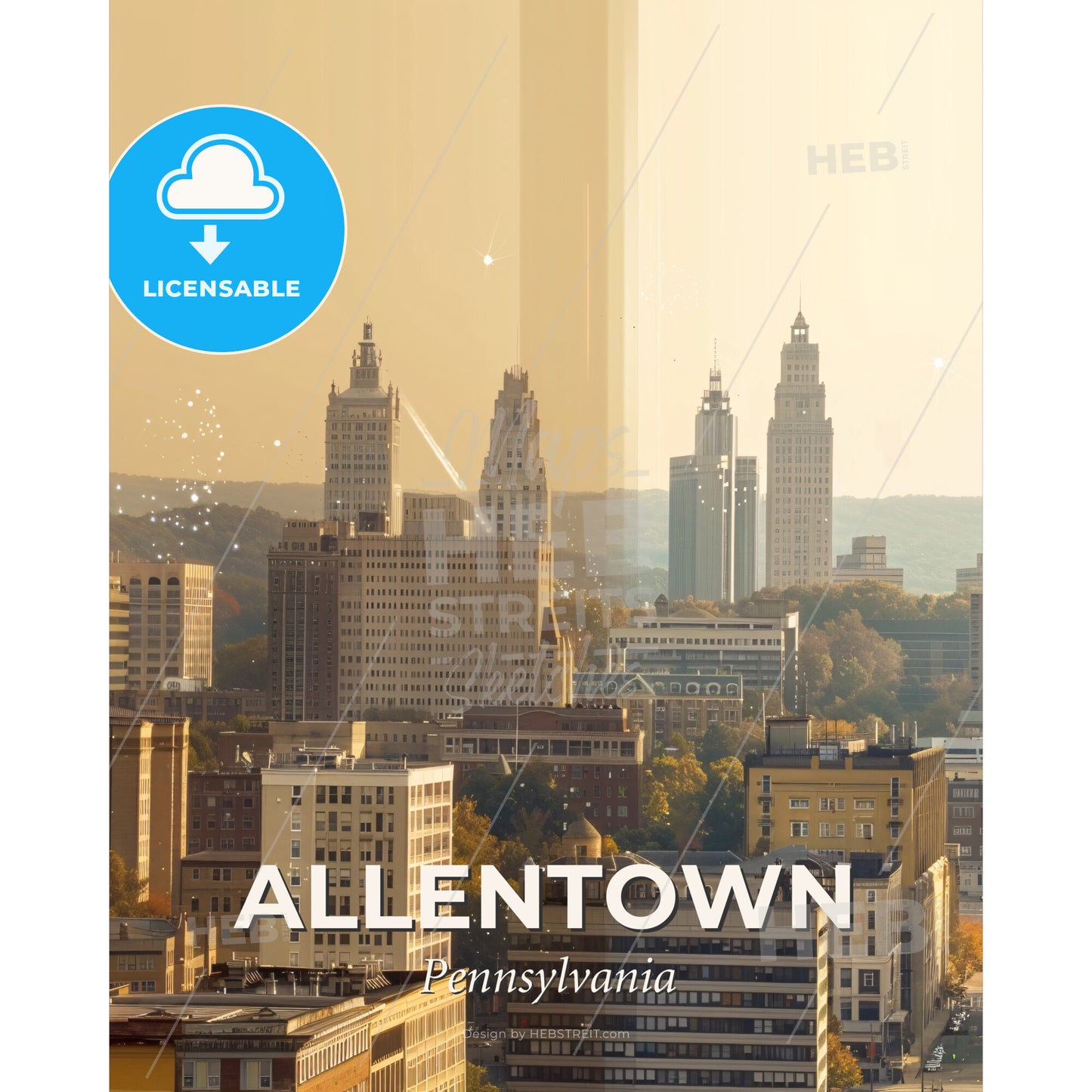 Allentown City Skyline Double Exposure Art Poster - A city with many tall buildings - Square format print template