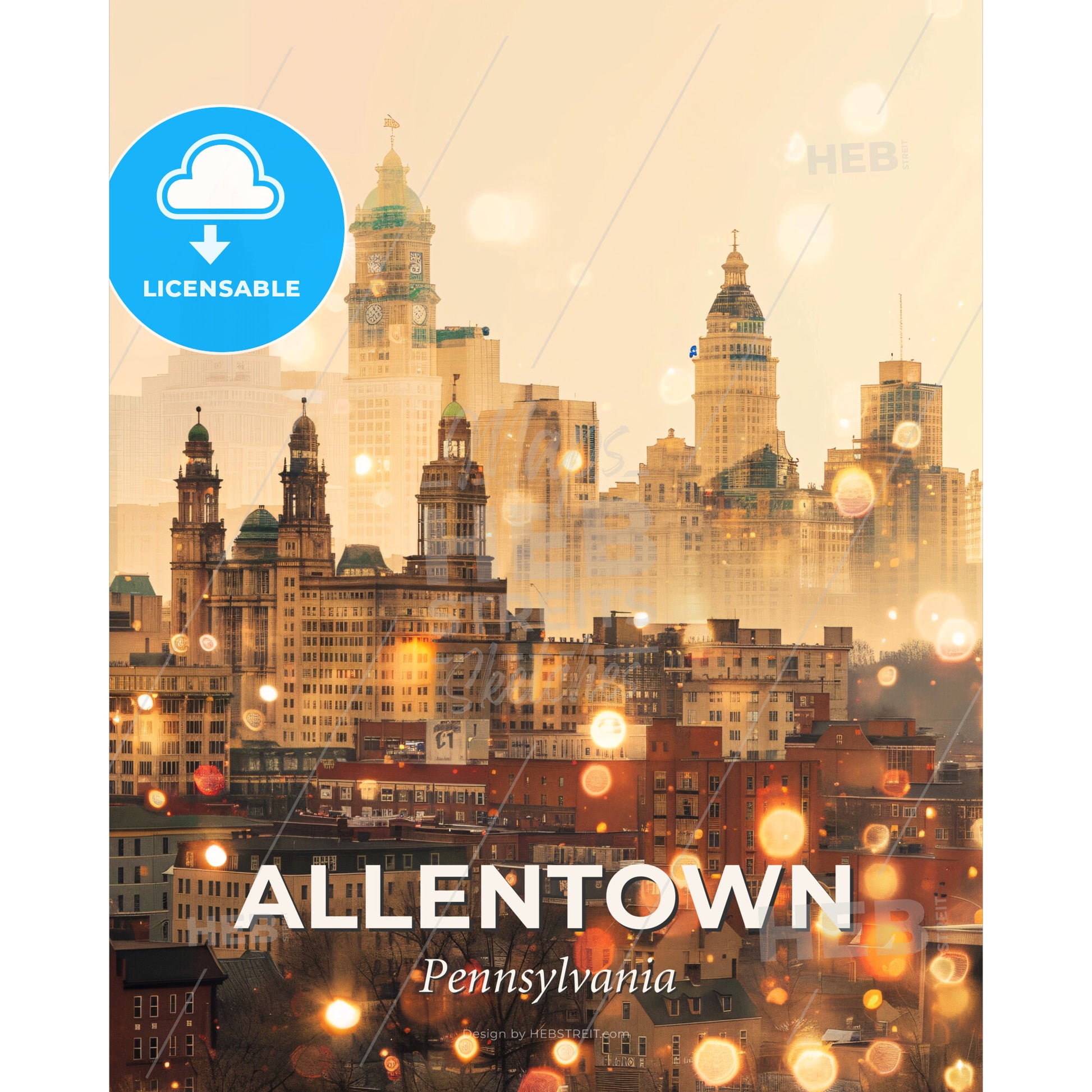 Allentown City Skyline, Bright Beige, Local Colors - A city skyline with many tall buildings - Square format print template