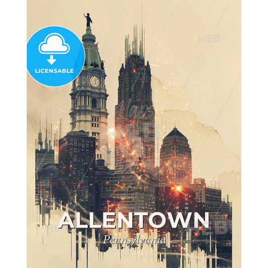 Allentown Skyline Art: City Icons in Vibrant Hue - A city skyline with a clock tower - Square format print template