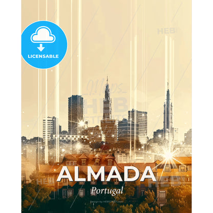 Almada Skyline Cityscape Artwork Double Exposure - A city skyline with buildings and lights - Square format print template