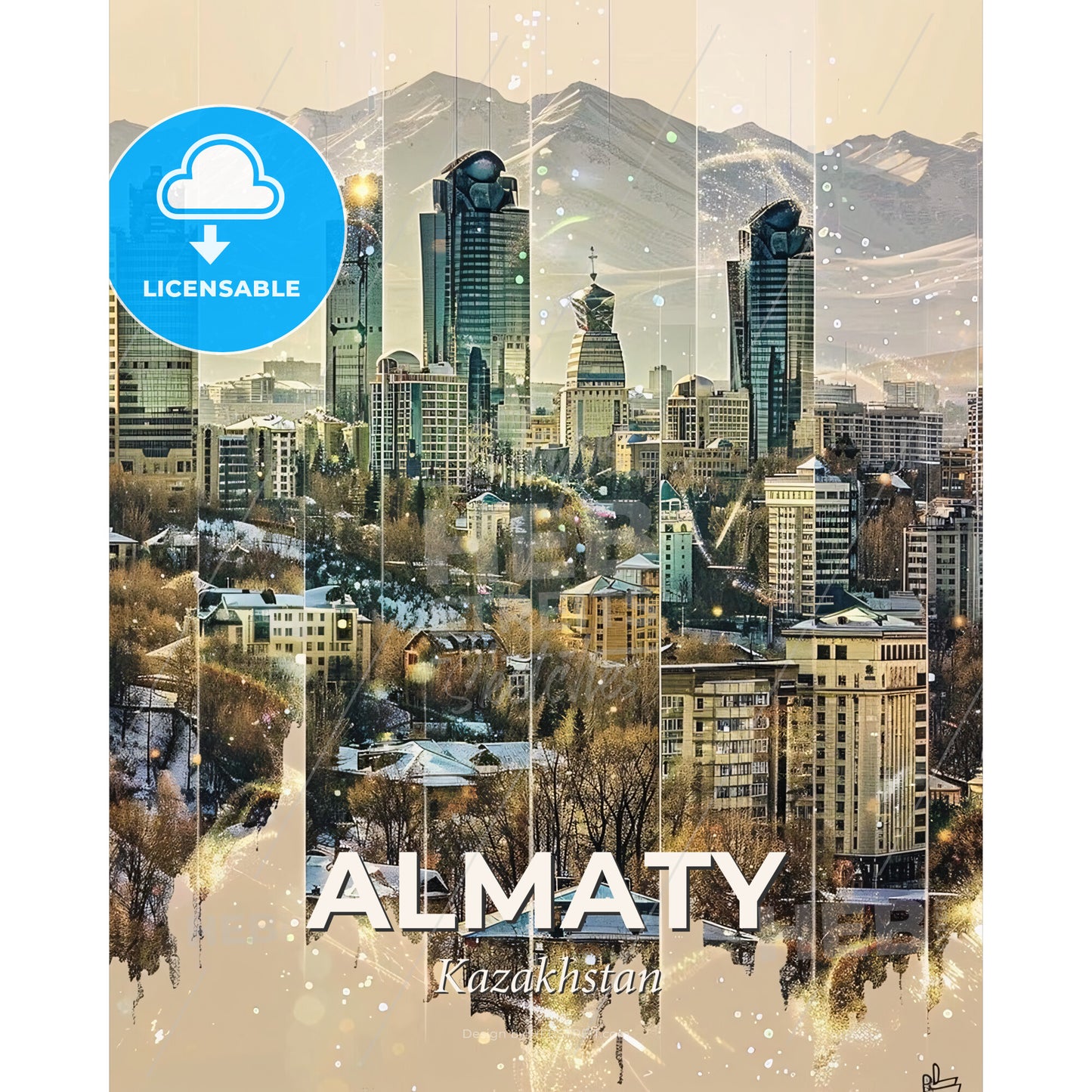 Almaty Skyline Double Exposure Composite Art - A city with snow and mountains - Square format print template