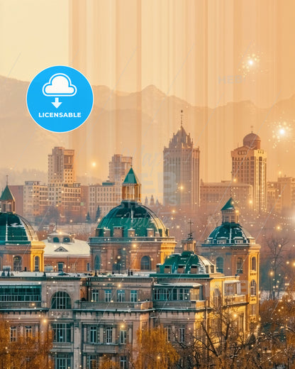 Almaty City Symphony Double Exposure City Art - A large building with a city in the background