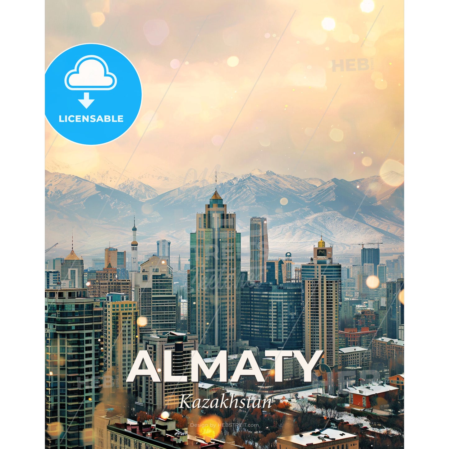 Almaty Skyline Double Exposure Art Poster - A city with snow covered mountains - Square format print template