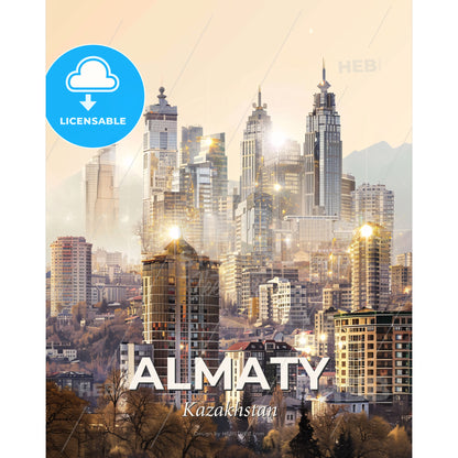 Almaty: Iconic Skyline Cityscape Art Poster - A city with many tall buildings - Square format print template