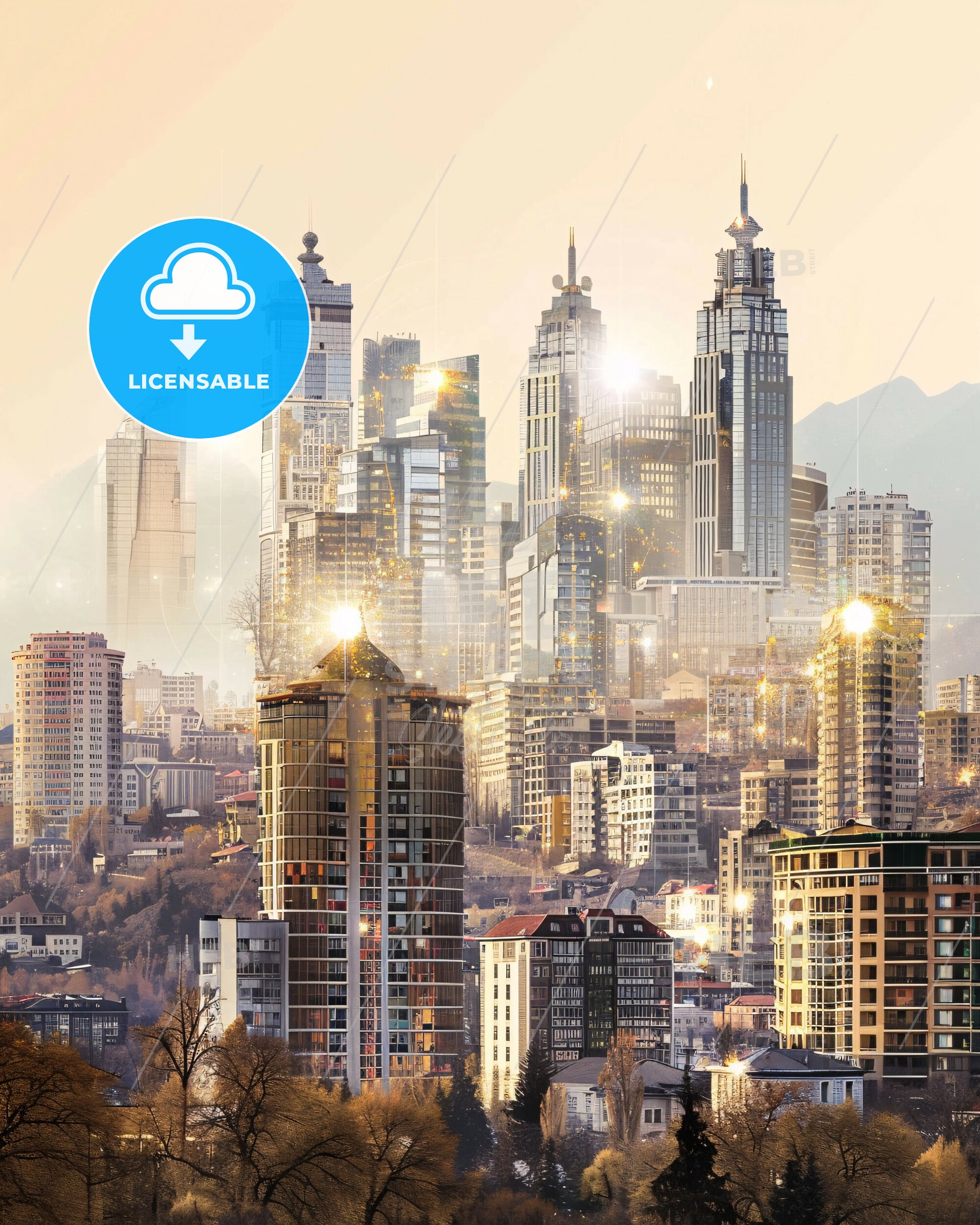 Almaty: Iconic Skyline Cityscape Art Poster - A city with many tall buildings