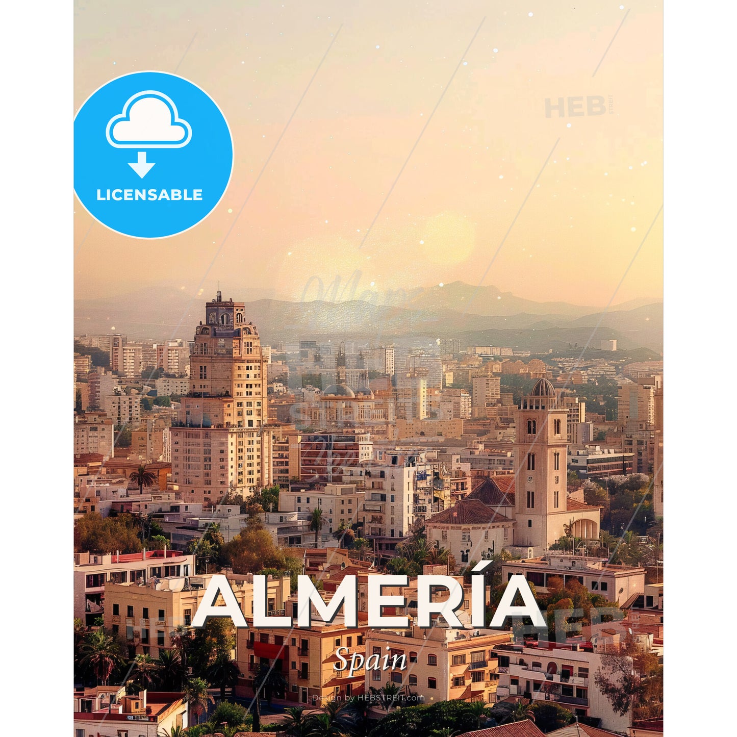 Almeria Skyline Double Exposure Cityscape Art - A city with many tall buildings - Square format print template