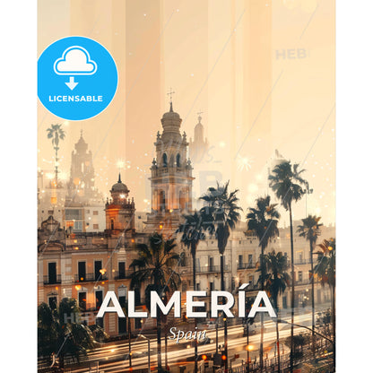 Almeria City Skyline Double Exposure Art Poster - A city with palm trees and buildings - Square format print template