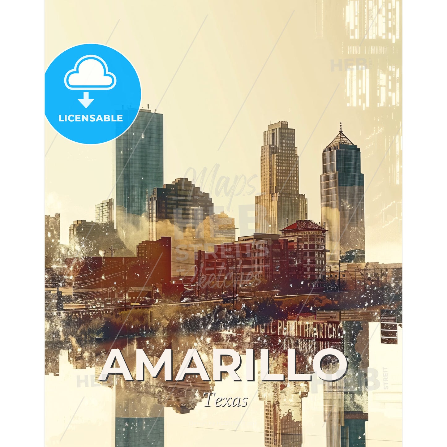 Amarillo Citylights Panorama Art Poster - A city skyline with water and clouds - Square format print template