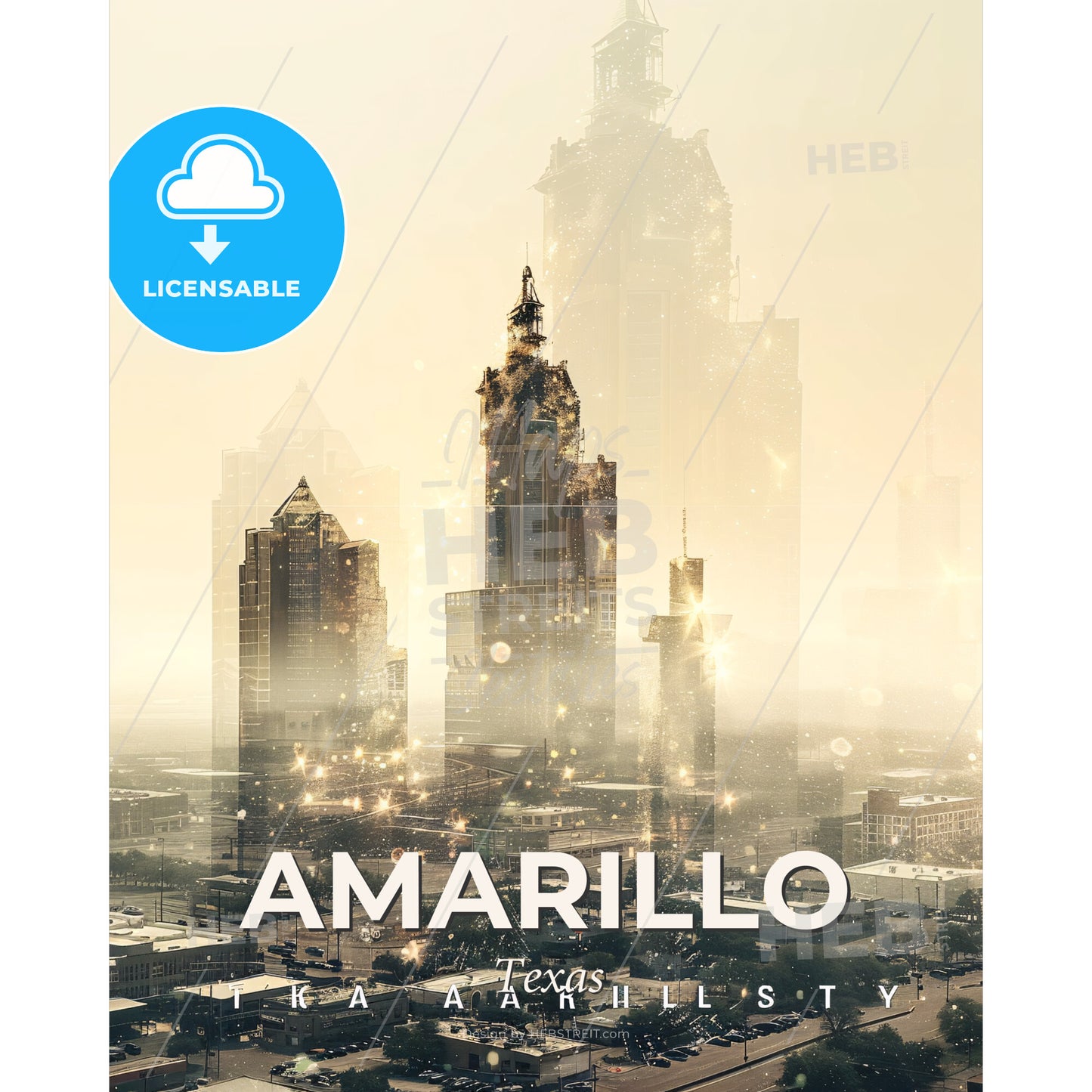 Amarillo City Skyline Double Exposure Artwork - A city with many tall buildings - Square format print template
