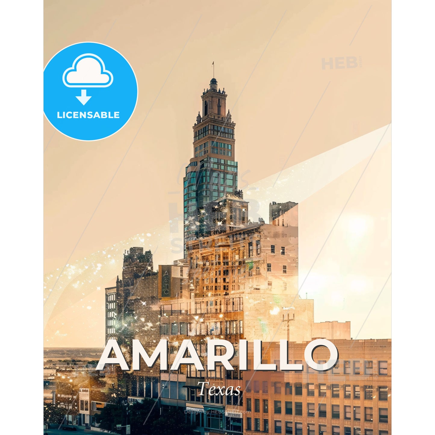 Amarillo Cityscape: Double Exposure Art Deco Skyline - A city skyline with a tall tower - Square format print template