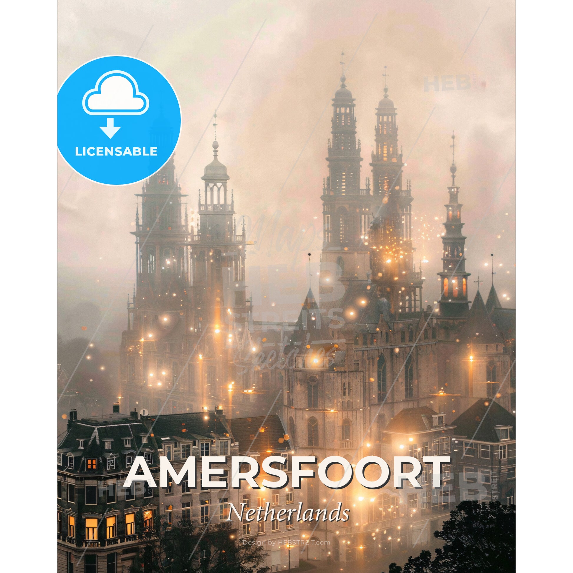 Amersfoort Cityscape Skyline Poster, Local Architecture Icons - A large building with towers and lights - Square format print template