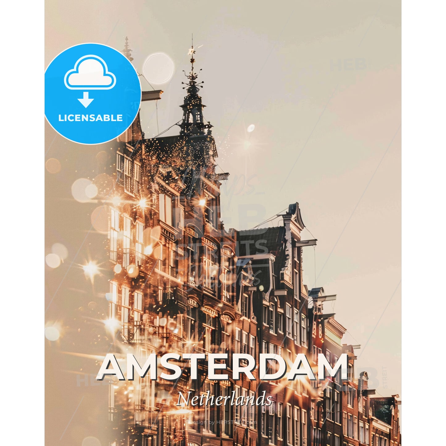 Amsterdam Skyline: Double Exposure City Art - A building with many windows - Square format print template