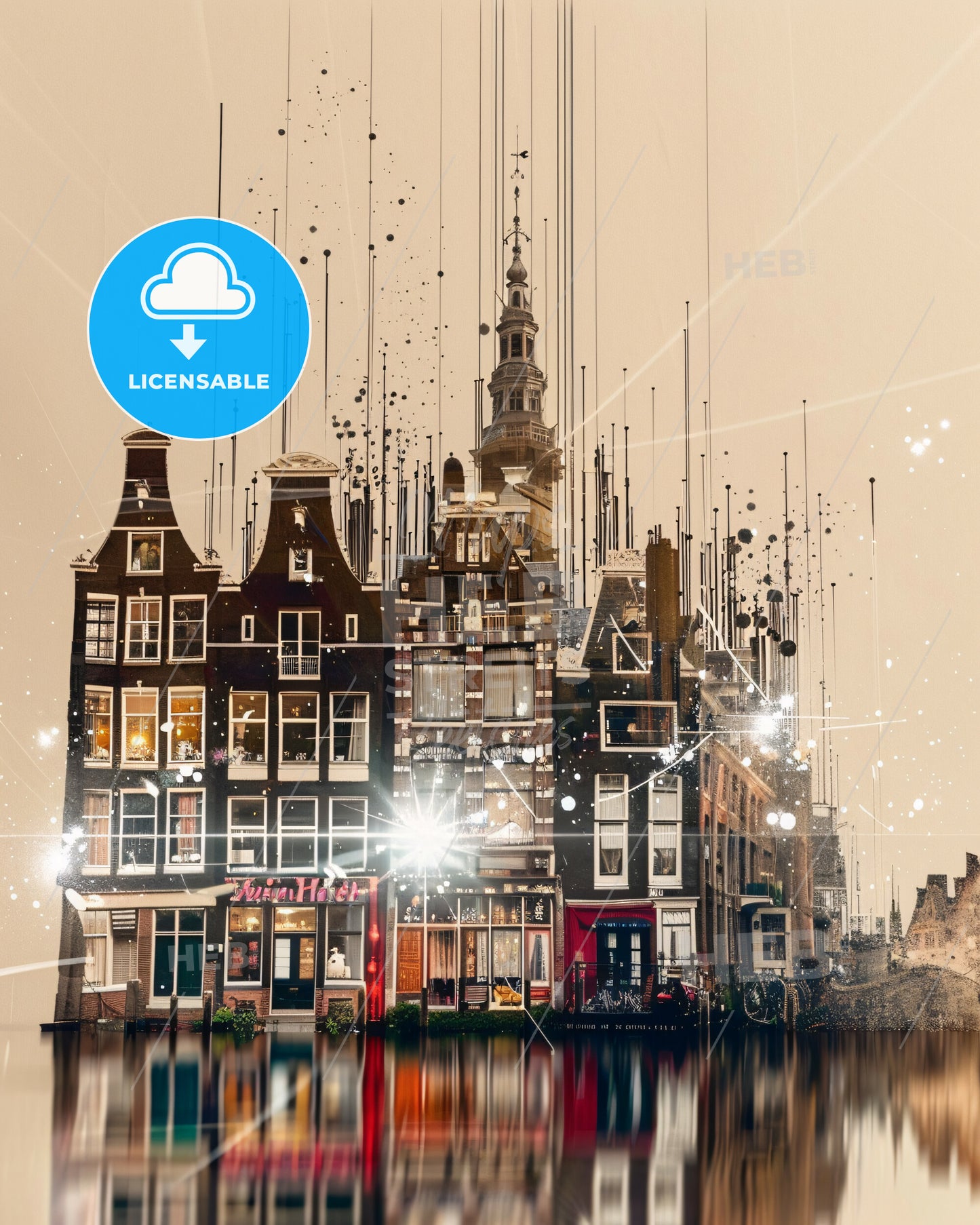 Amsterdam City Double Exposure Skyline Art - A building in the water