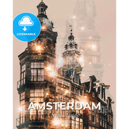 Amsterdam Skyline Cityscape Art Double Exposure - A group of buildings with lights - Square format print template