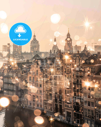 Amsterdam Skyline Composite Art on Beige - A city with many buildings and a body of water