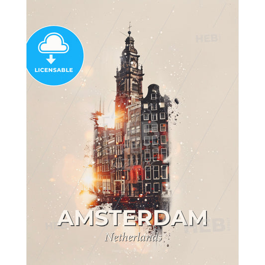 Amsterdam Lights: Local Architecture Art Poster - A building with a tower - Square format print template