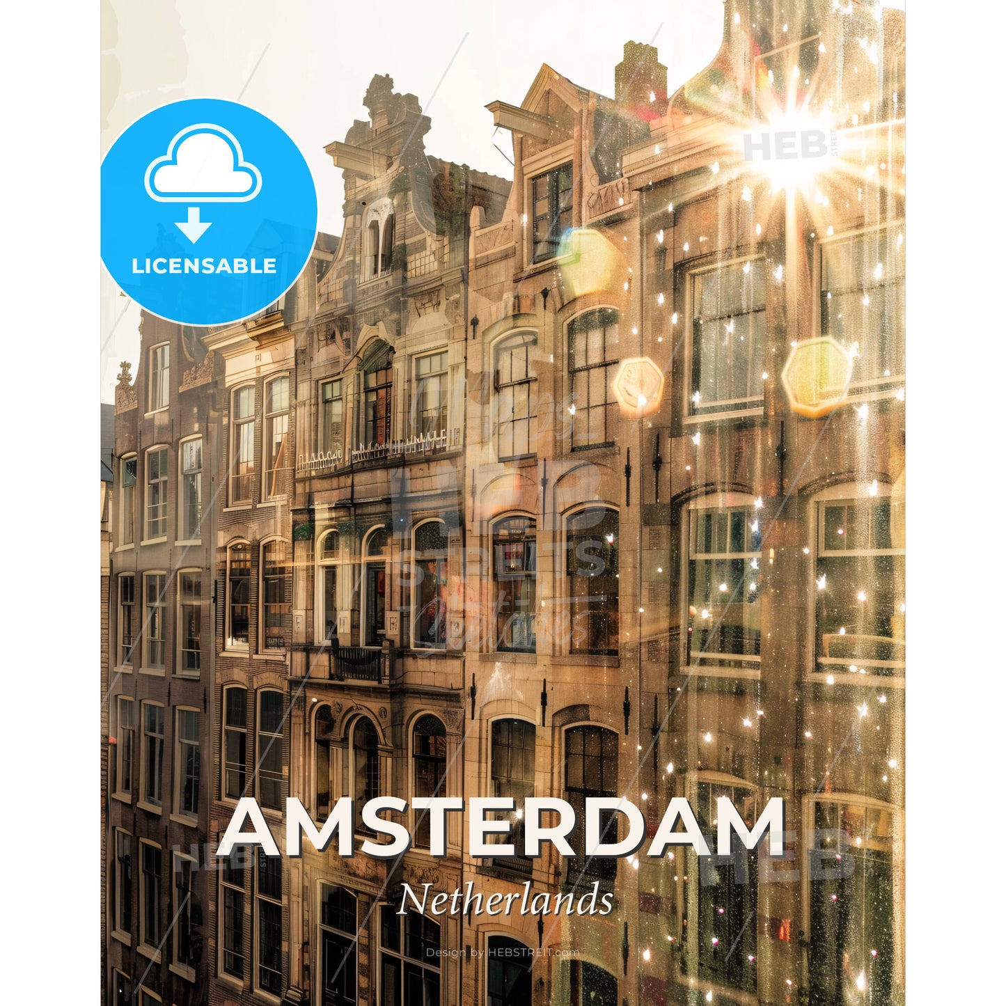 Amsterdam Skyline in Double Exposure - Beige, Bright, Sparkly - A building with many windows and lights - Square format print template