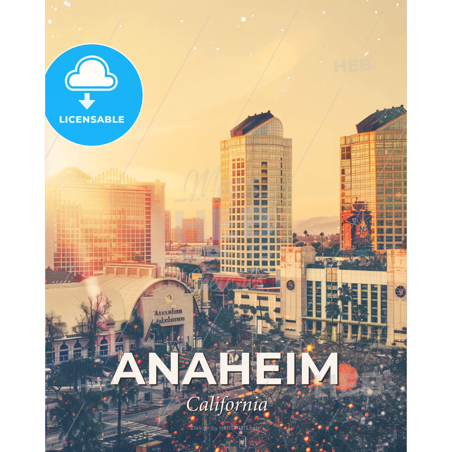 Anaheim Cityscape Skyline Night Lights Poster - A city with many tall buildings - Square format print template