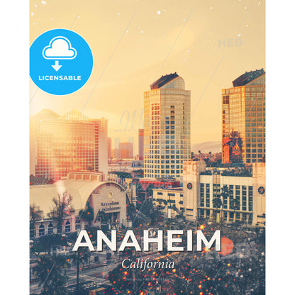 Anaheim Cityscape Skyline Night Lights Poster - A city with many tall buildings - Square format print template
