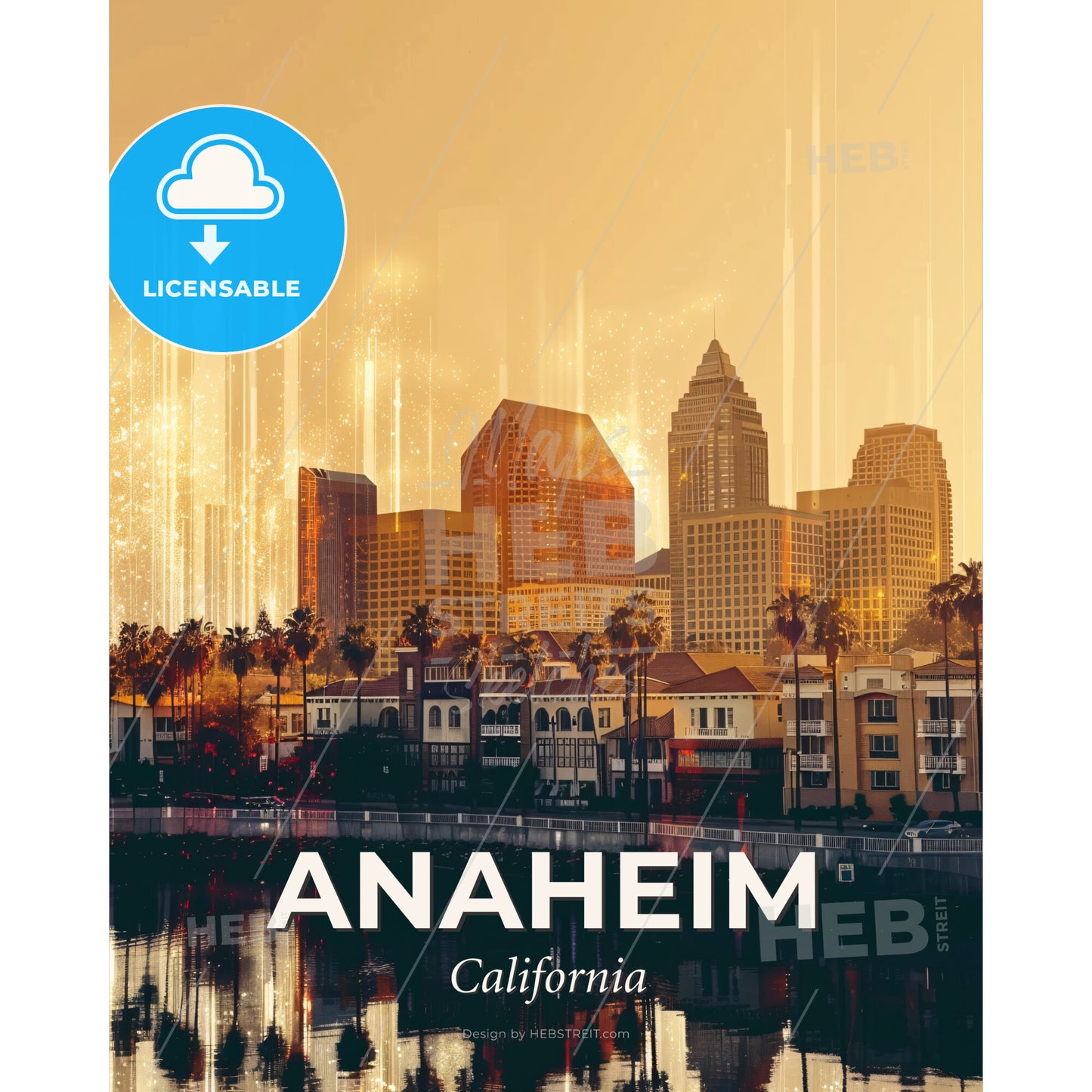 Anaheim Skyline Double Exposure City Icons Poster - A city with palm trees and buildings - Square format print template