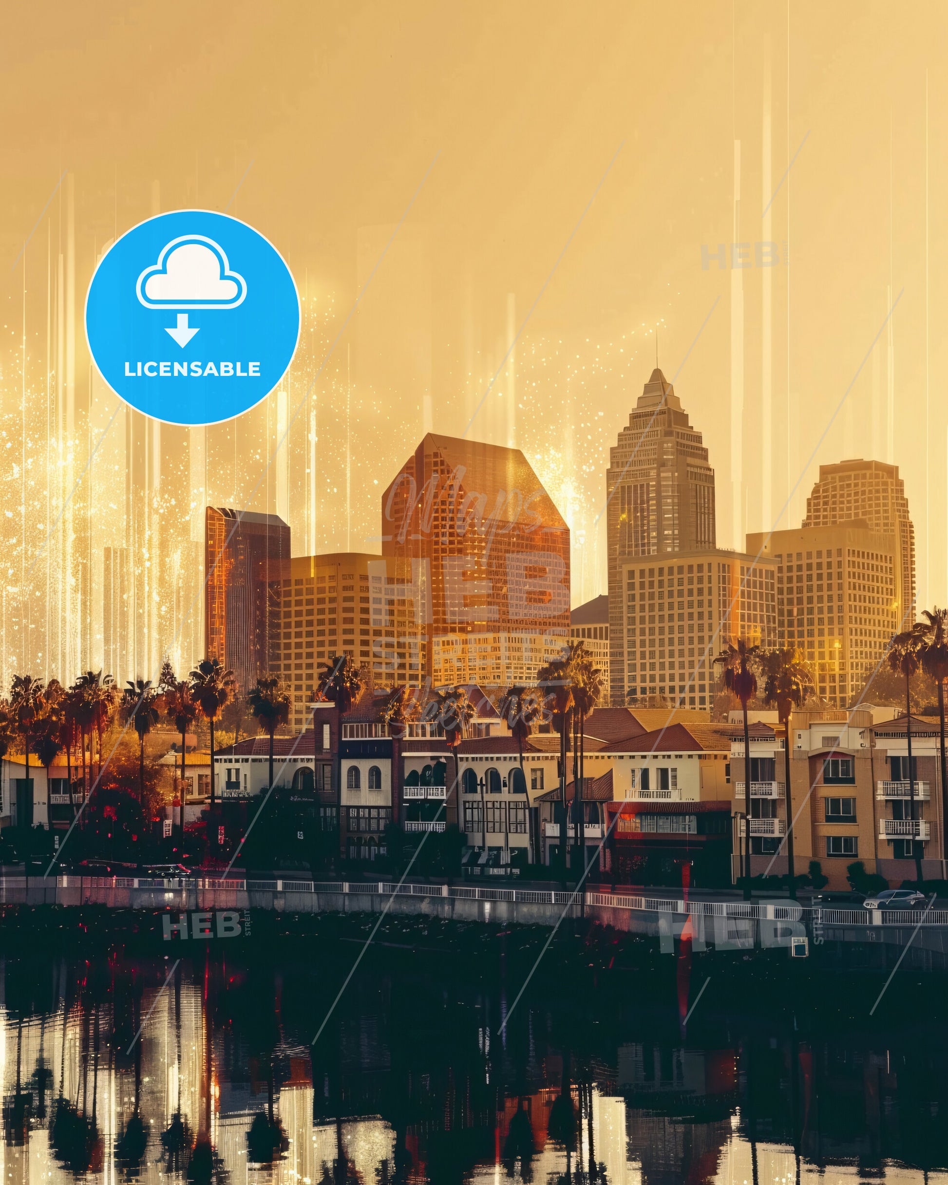 Anaheim Skyline Double Exposure City Icons Poster - A city with palm trees and buildings