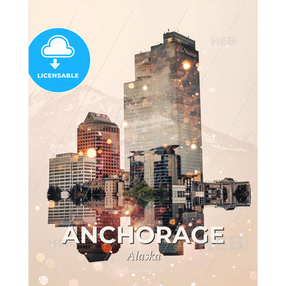 Anchorage Skyline Double Exposure Art Poster - A city with many buildings and mountains in the background - Square format print template
