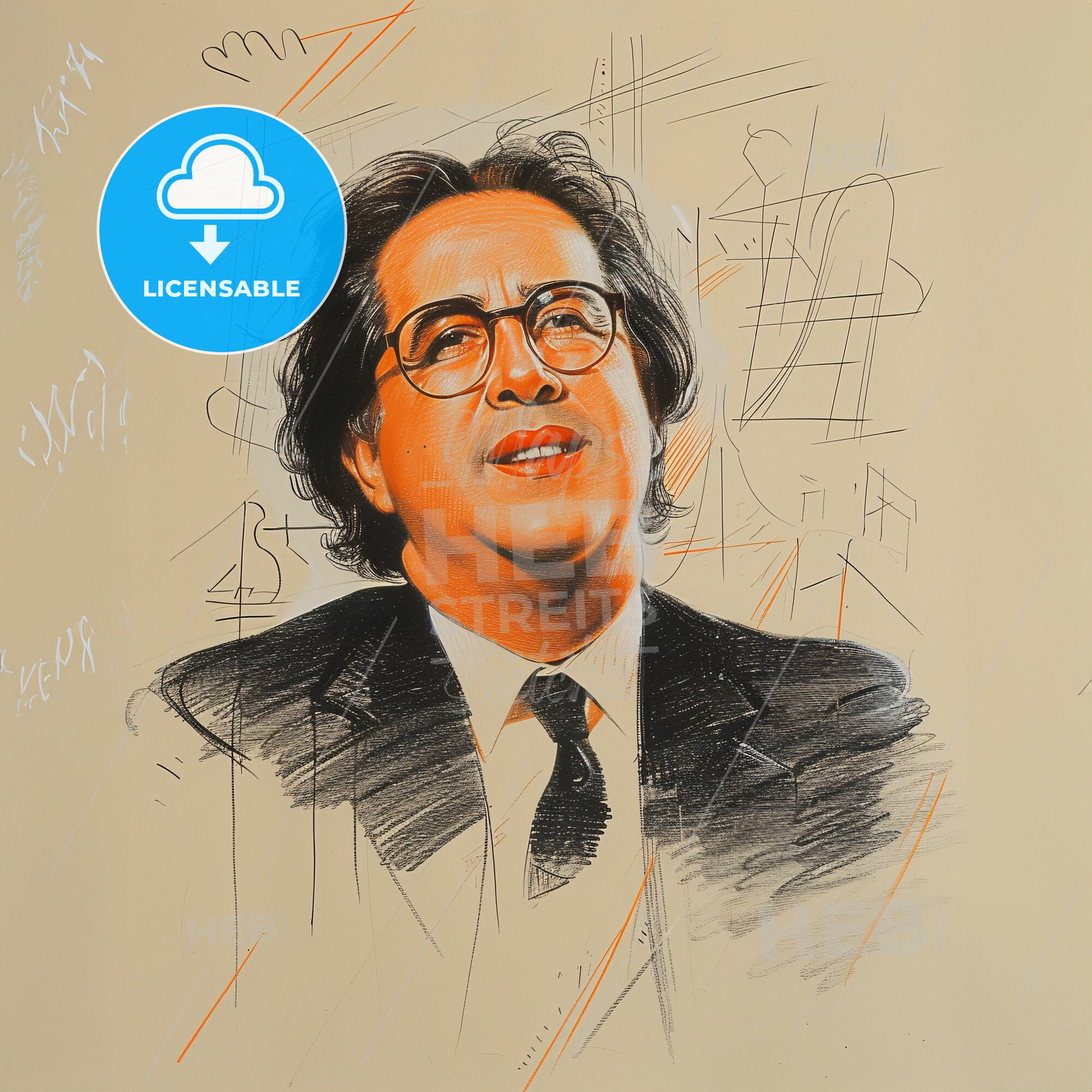 Andres Segovia, 1893 - 1987, Spanish classical guitarist - A Drawing Of A Man Wearing Glasses