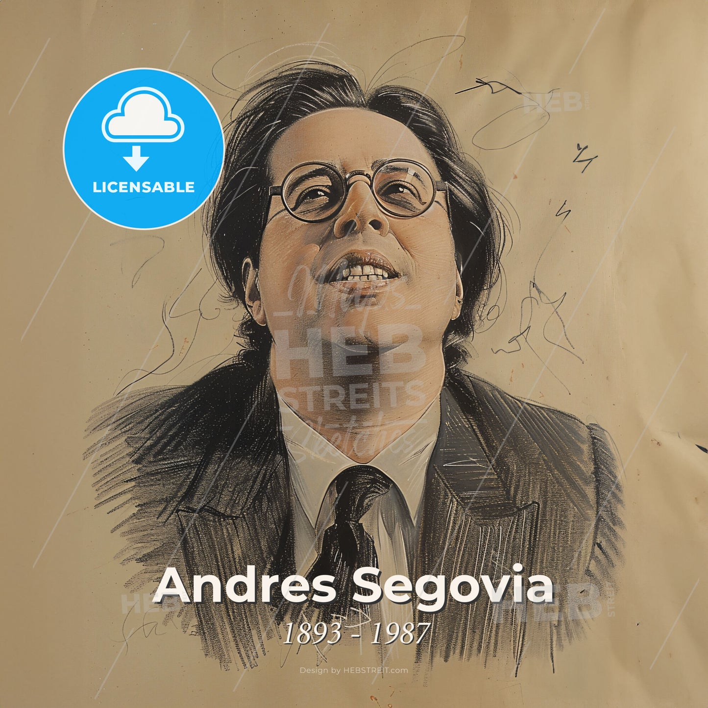 Andres Segovia, 1893 - 1987, Spanish classical guitarist - A Drawing Of A Man Wearing Glasses Print Template