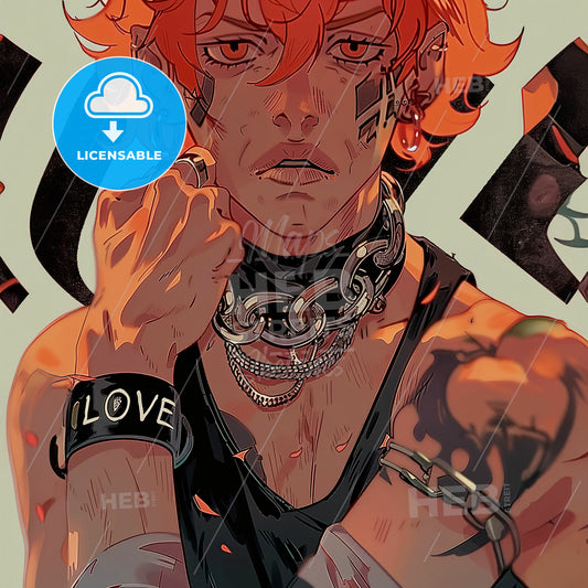 A Cartoon Of A Man With Red Hair And Chains