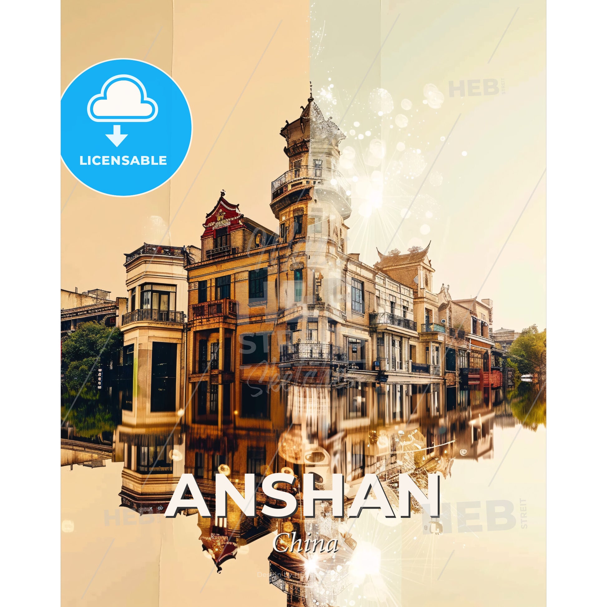 Anshan City Skyline Icons Poster Art with Sparkles - A building with a large body of water - Square format print template