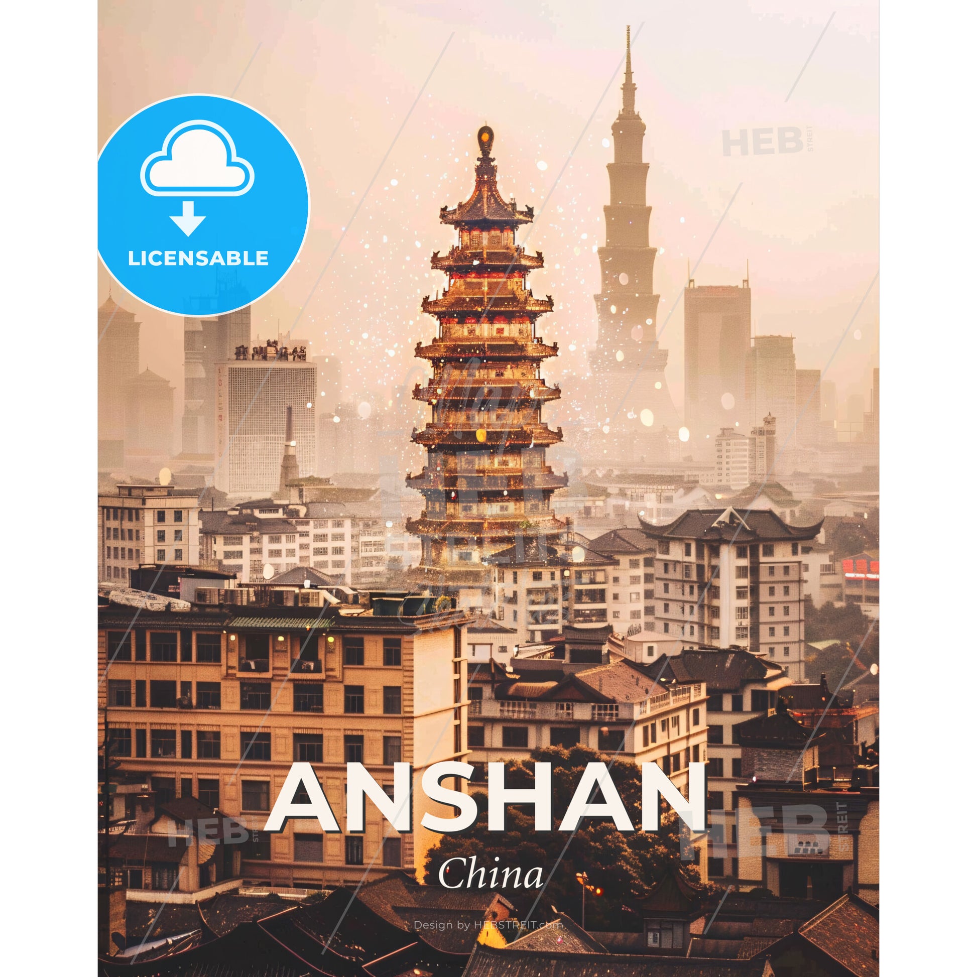 Anshan Night Lights Skyline Poster - A tall tower in a city - Square format print template