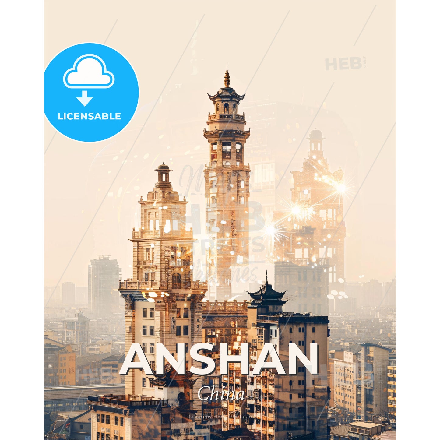 Anshan Skyline Double Exposure Cityscape Art - A group of tall buildings with a city in the background - Square format print template