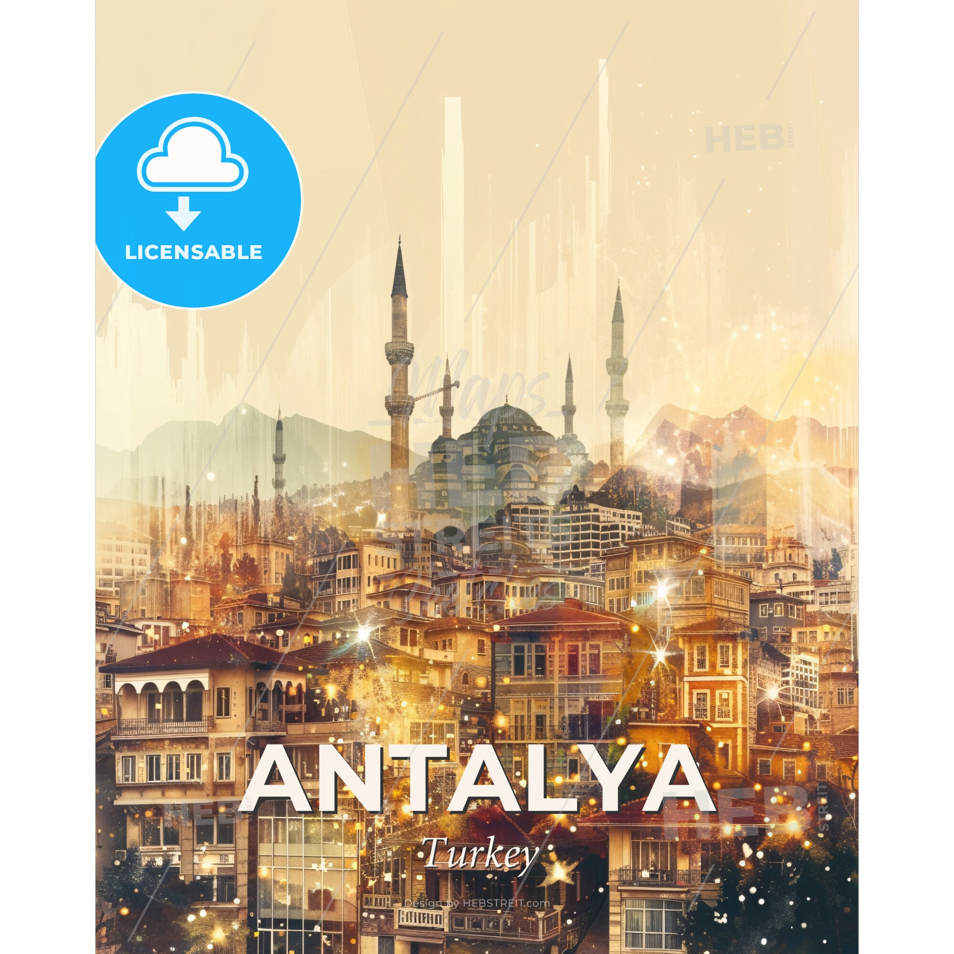 Antalya City Skyline Night Lights Poster Design - A city with many buildings and mountains - Square format print template