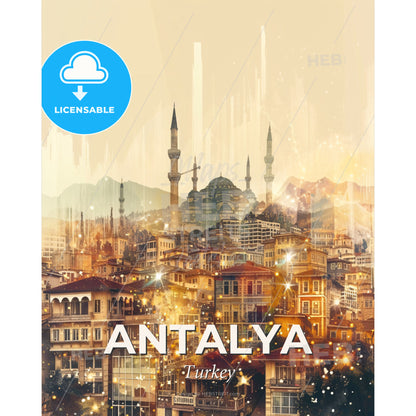 Antalya City Skyline Night Lights Poster Design - A city with many buildings and mountains - Square format print template