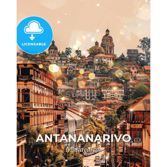 Madagascar-Antananarivo City Skyline Panorama Poster - A city with buildings and trees - Square format print template