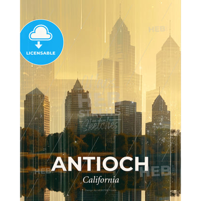 Antioch Skyline Composite Art: Local Icons, Vibrant Hues - A city skyline with rain - Square format print template